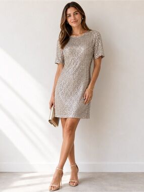 Devoted Champagne Sequin Shift Dress Size M Party Cocktail Holiday
